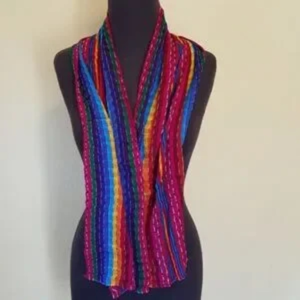 NWOT Guatemalan Artisanal Cotton Vibrant Multicolor‎ Striped Scarf Shawl